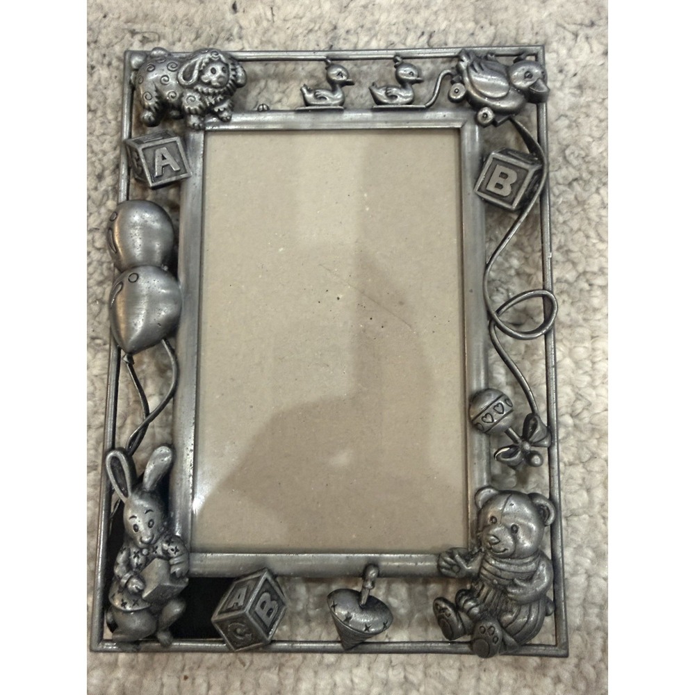 Pewter Baby Picture Frame 3.5"x6" Pic Size Blocks Bear Duck Lamb. Nursery Decor
